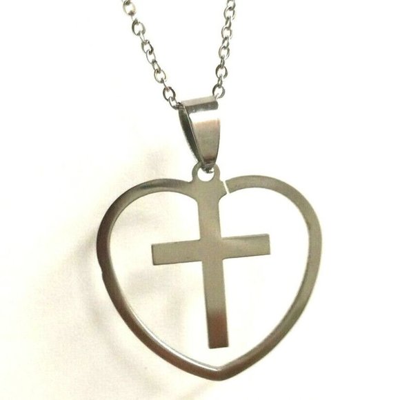 Sacred Heart Cross Necklace 24" Silver Stainless Steel Catholic Christian Gift - Picture 2 of 12
